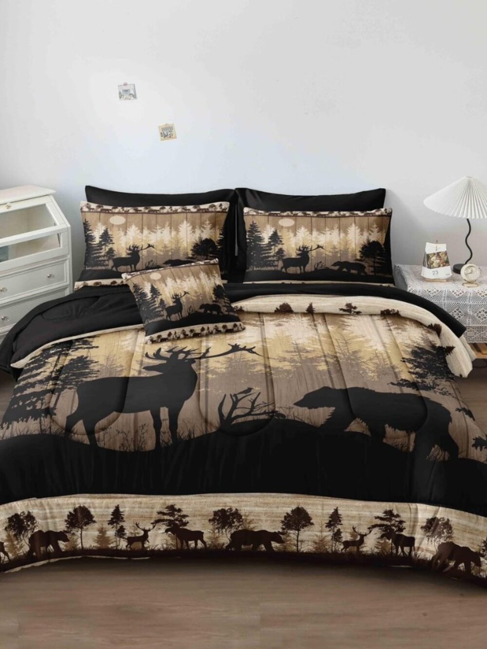 Hunting Comforter Set Queen Size,8 Pcs Cabin Rustic Bear and Deer Comforter